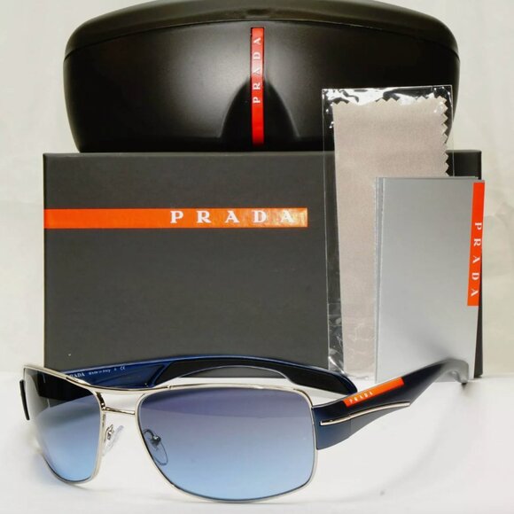 Prada Mens Blue Square Metal Sunglasses Red Stripe - Picture 1 of 5